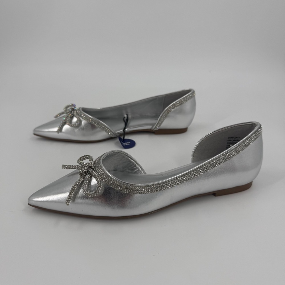 Apt. 9 Emmaly Ballet Flats Womens 5M Silver Metallic Rhinestone Bow Pointed Toe